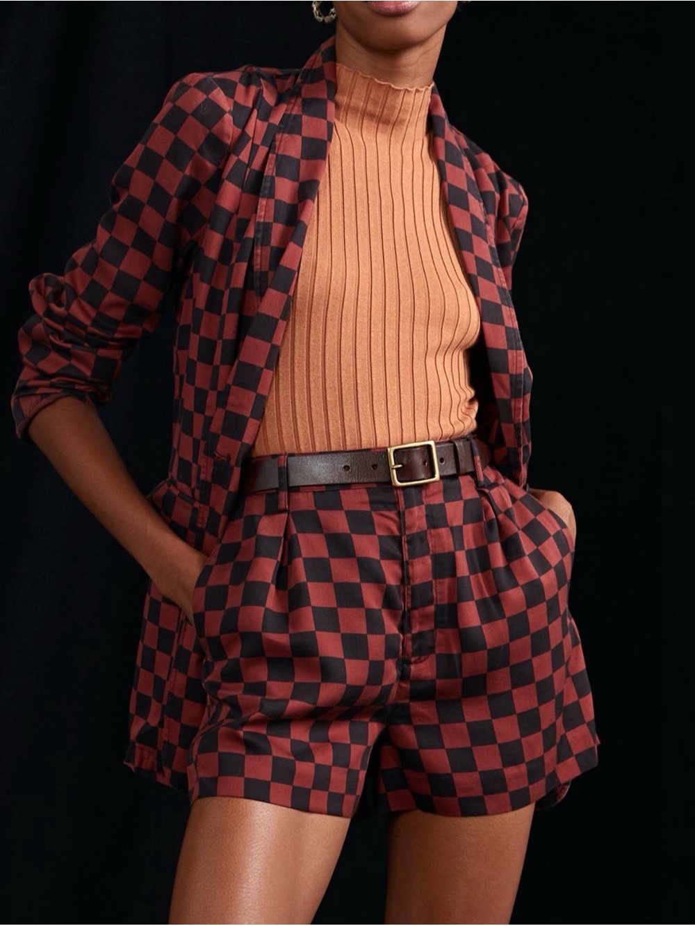 Anthropologie Size 6 Maeve Rust and Black Checkered Blazer & Shorts Set